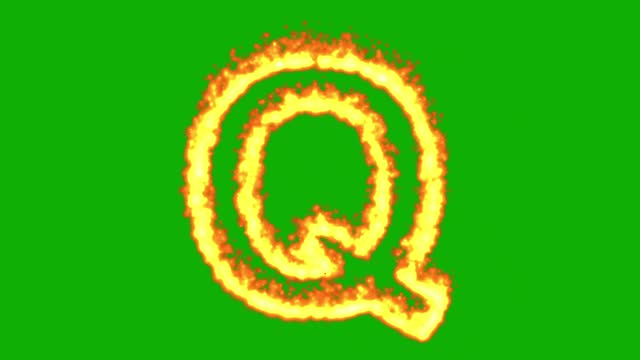 English alphabet Q with fire effect on green screen background