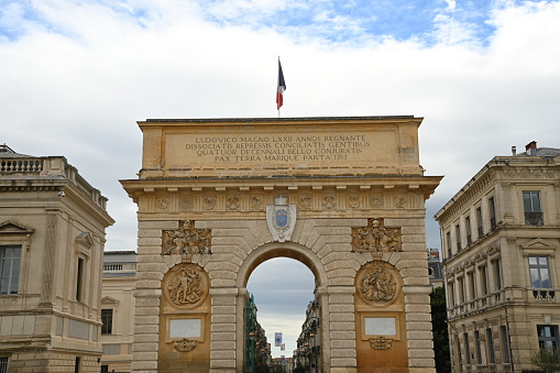 A view of the ornamental Arc de Triomphe or Triumphal arch in the city of Montpellier in southern France.