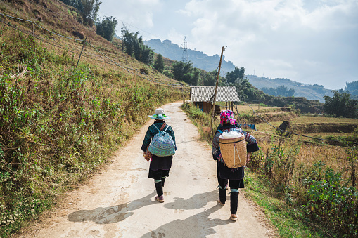 rear view on two indigenous woman from black hmong tribe walking in the sa pa mountain region in north vietnam