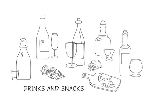 illustrazioni stock, clip art, cartoni animati e icone di tendenza di bevande alcoliche e snack disegnati a mano illustrazione vettoriale. tutti gli oggetti sono isolati. - aperitif