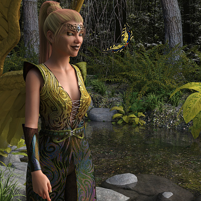 3d illustration of a winged fairy and a butterfly next to a slow running stream in a forest.