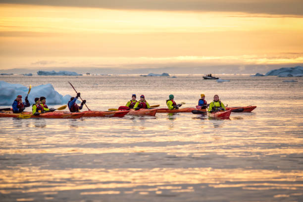 Kayaking in Ilulissat Icefjord at sunset, Greenland August 13, 2022 - Ilulissat, Greenland: Group of people kayaking in between icebergs at Disko Bay, north of the Artic Circle near Ilulissat Icefjord at sunset.  Ilulissat Icefjord was declared a UNESCO World Heritage Site in 2004. ilulissat icefjord stock pictures, royalty-free photos & images