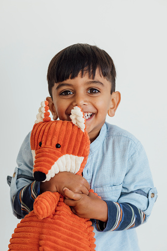 A front-view shot of a young boy wearing casual clothing standing in the living room. He is looking at the camera with a smile and embracing his stuffed toy fox.