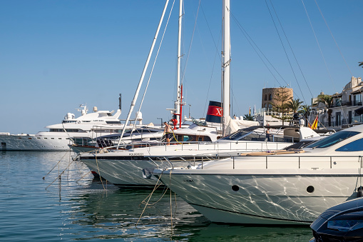 Estepona, Malaga, Spain - June 07, 2022: Luxurious boats and yachts in the Estepona marina on the Costa del Sol, Malaga, Andalusia, Spain.