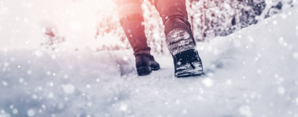 женщина гуляет по заснеженному лесу зимой в снегопад. - snow track human foot steps стоковые фото и изображения