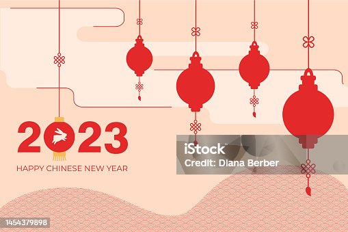 istock Chinese New Year postcard with hanging lanterns, invitation and asian pattern, greeting card, banner, vector illustration for east asian holidays, lantern festival. 1454379898