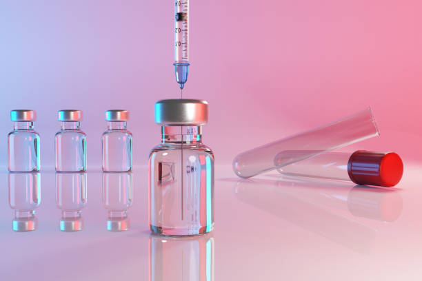 syringe is being used to extract vaccine from a vial with other phials and test tubes as background in a laboratory. illustration of the concept of vaccination and contract research organization - syringe vaccination vial insulin imagens e fotografias de stock