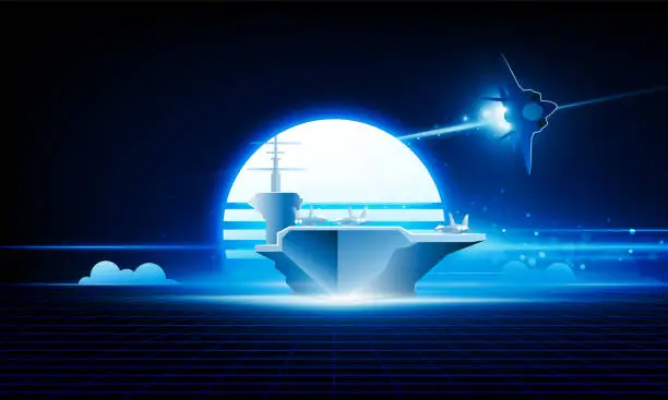 Vector illustration of High speed concept. Aircraft carrier Fighter jet in the form of Arrow Light out sunset of technology background Hitech communication concept innovation background, vector design