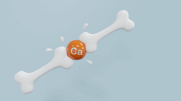 istock Healthy strong supplement bone calcium concept. White Bone crash ball on blue background. 3d render. 1454381760
