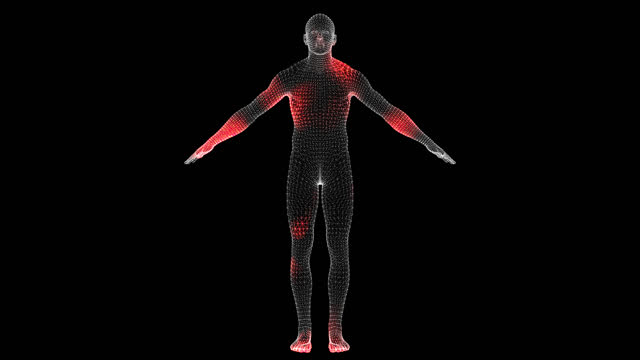 Spread of virus through volumetric body of person monochrome on black background with Alpha Channel. Visual demonstration of virus in the body. Tutorial Video. Science Medical concept. 3D animation