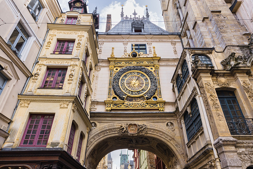 the famous Gros Horloge, an astronomical clock from 14th century in Rouen, France