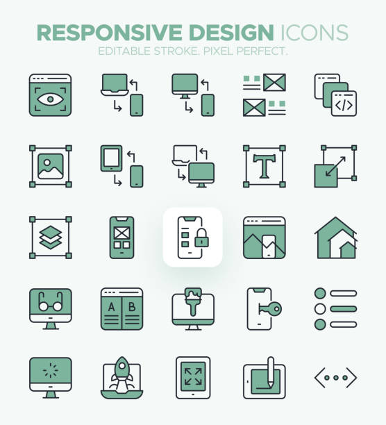 Responsive Design Icons - Mobile Devices, Flexibility, Adaptability and User Experience Symbols The Responsive Design Icon Set includes a variety of icons related to the concept of responsive design in web development. These icons depict mobile devices, flexibility, adaptability, and user experience, and are perfect for use in web design and development projects. The set includes icons such as mobile phone and tablet icons, arrows representing flexibility and adaptability, and symbols representing user experience such as a smiley face. These icons are ideal for use in presentations, infographics, and other visual materials related to responsive design. Keywords: responsive design, mobile, flexibility, adaptability, user experience, web development, mobile devices, infographics. flexible adaptable stock illustrations