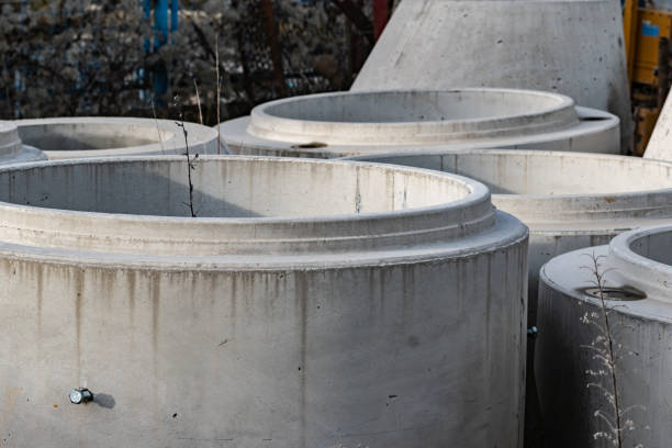 istock Large construction concrete pipes in a neglected outdoor warehouse 1454387240