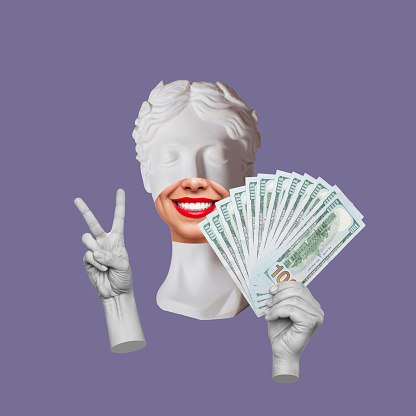 Antique female smiling statue's head shows peace gesture holding  wad of hundred-dollar cash banknotes on purple color background. Trendy collage in magazine style. 3d contemporary art. Modern design