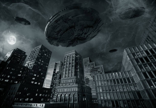 UFO flying over city, 3D illustration