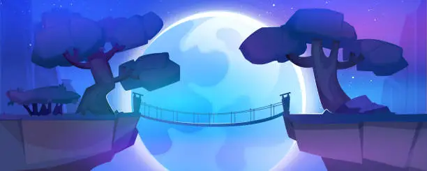 Vector illustration of Cartoon landscape with mountains, suspension bridge and moon at night