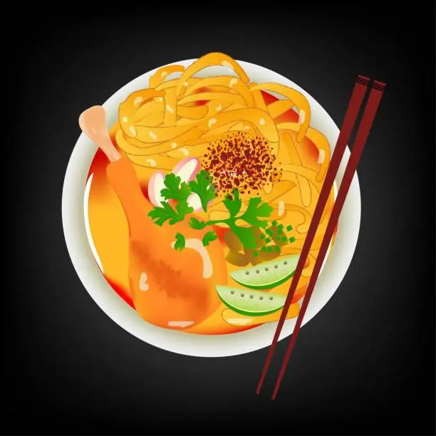 Vector illustration of Khao Soi Kai local Thai food or northern Thai curry soup noodle dish with chicken served in condiment Stock vector illustration.