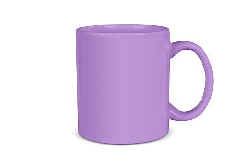 Closeup of purple coffee cup resting on a white background. Includes clipping path around the mug.