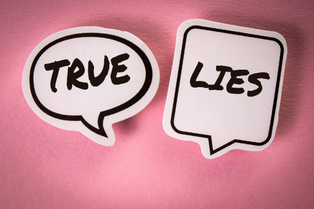 True and Lies concept. White speech bubbles with text on a pink background.