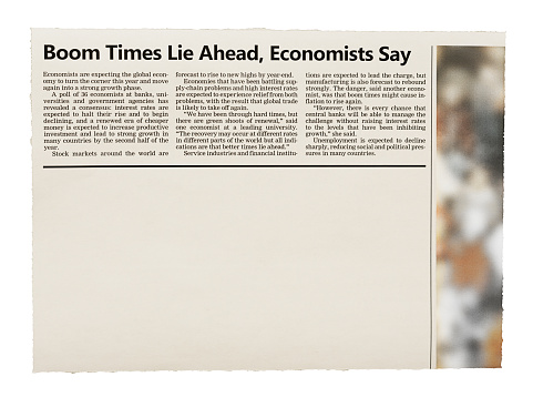 Simulated newspaper clipping featuring an article about economists being bullish about better times in the near future for the global economy. Text was written from scratch by the photographer (an experienced journalist), who also did the design and created the illustration, so this image is free of third-party copyright and may be used without restrictions.
