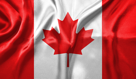 Canada flag wave close up. Full page Canada flying flag. Highly detailed realistic 3D rendering.