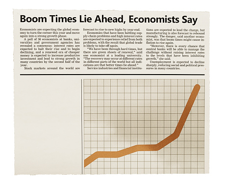 Simulated newspaper clipping featuring an article about economists being optimistic about better times in the near future for the global economy. Text was written from scratch by the photographer (an experienced journalist), who also did the design and created the illustration, so this image is free of third-party copyright and may be used without restrictions.