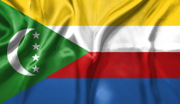 Comoros flag wave close up. Full page Comoros flying flag. Highly detailed realistic 3D rendering.