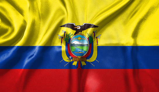 Flag of Ecuador blowing in the wind. \nFull page Ecuador flying flag.