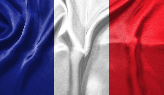 France flag wave close up. Full page France flying flag. Highly detailed realistic 3D rendering.