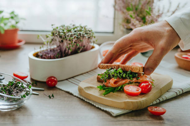 istock Man making sandwich with salmon fish, microgreen and tomato 1454397622