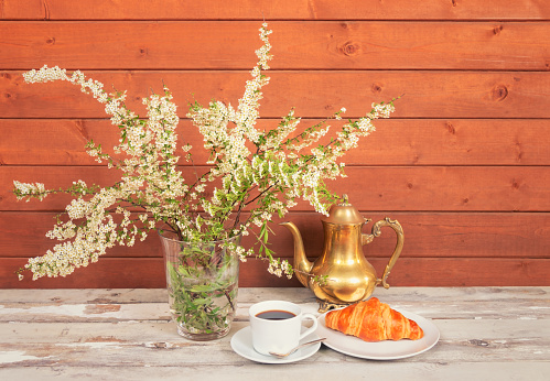 Bouquet of gray spirea flowers, cup of coffee, coffee pot and croissant on aged wooden table