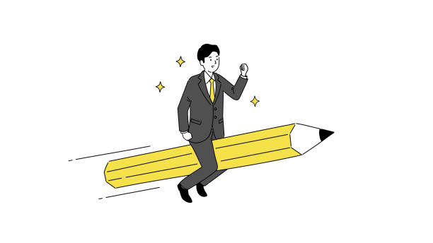 istock Illustration of a young businessman riding a pencil, in vector format. 1454398361