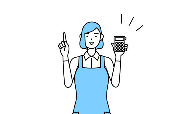kobieta w fartuchu trzymająca kalkulator i wskazująca. - cheap mb stock illustrations