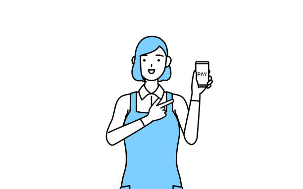 kobieta w fartuchu polecająca bezgotówkowe płatności online na smartfonie. - cheap mb stock illustrations