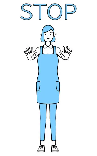 Vector illustration of A woman in an apron with his hand out in front of his body, signaling a stop.