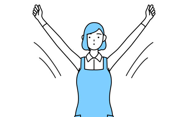 ilustrações, clipart, desenhos animados e ícones de uma mulher em um avental fazendo calistenia de rádio, preparação para a prevenção de acidentes - cheap mb