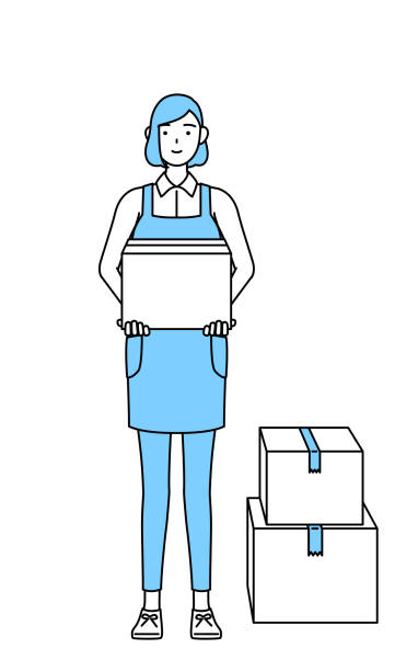 ilustrações, clipart, desenhos animados e ícones de uma mulher em um avental que trabalha para transportar caixas de papelão - cheap mb