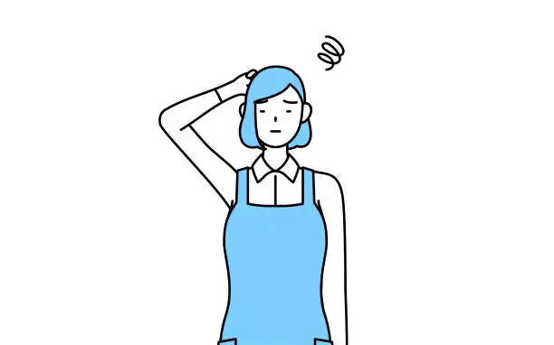 Vector illustration of A woman in an apron scratching his head in distress.