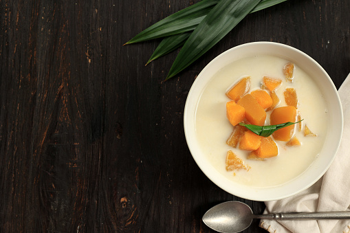 Coconut Milk Stewed Pumpkin or  Buak Phak Tong. Thai Sweet Dessert, Top View with Copy Space for Text