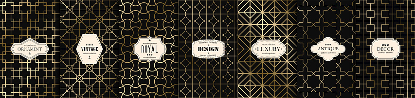 Collection of art deco vector geometric patterns - seamless luxury gold gradient design. Rich endless ornamental backgrounds.
