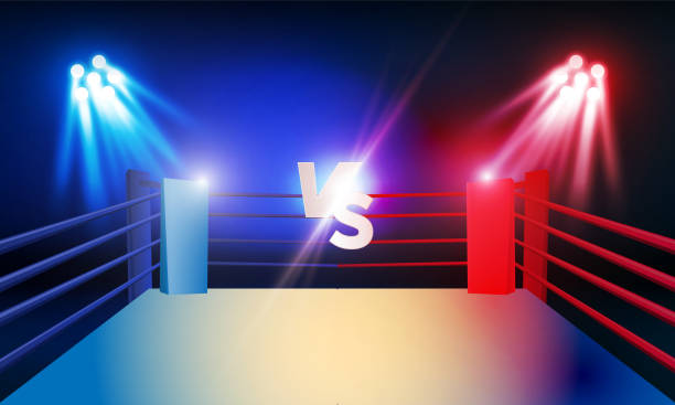istock Boxing ring arena and floodlights vector design Bright stadium arena lights 1454402483