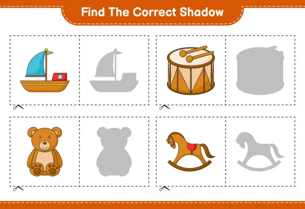 Vector illustration of Find the correct shadow. Find and match the correct shadow of Boat, Drum, Teddy Bear, and Rocking Horse. Educational children game, printable worksheet, vector illustration
