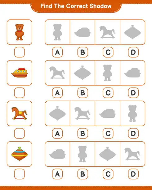 Vector illustration of Find the correct shadow. Find and match the correct shadow of Teddy Bear, Rocking Horse, Boat, and Whirligig Toy. Educational children game, printable worksheet, vector illustration