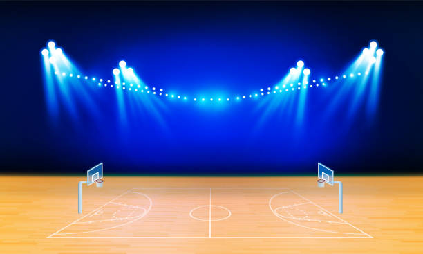 istock Basketball arena field with bright stadium lights design. 1454403787