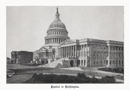 Historical view of the United States Capitol in Washington, D.C. - the home of the United States Congress and the seat of the legislative branch of the U.S. federal government. Halftone print after a photograph, published in 1899.