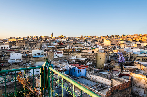 Beautiful cityscape of Fez taken from rooftop terrace in the heart of old medina, Fez, Morocco, North Africa