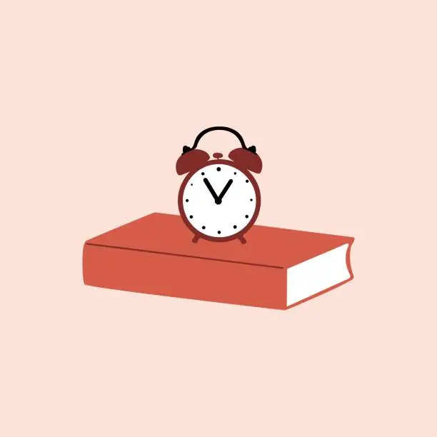 Vector illustration of Alarm clock on the book. Reading time concept.Time to study, enjoying good book, learning