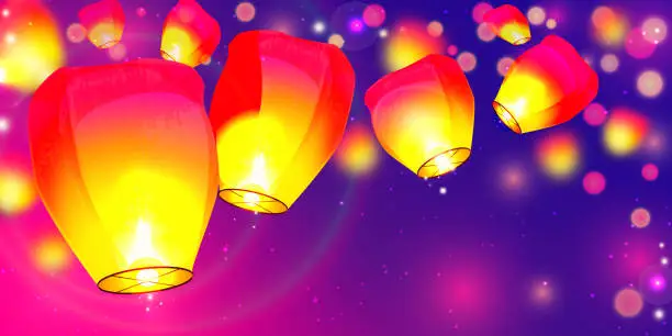 Vector illustration of Diwali holiday concept in realistic style. Fiery bright paper lanterns on an abstract festive color background with space for text.