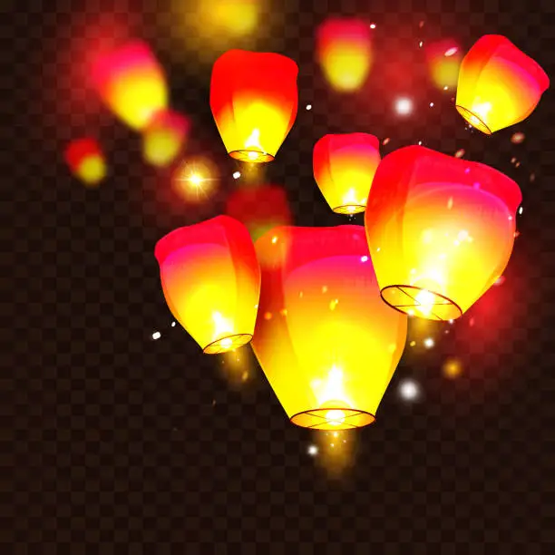 Vector illustration of Diwali holiday concept in realistic style. Fiery bright paper lanterns on an isolated background.