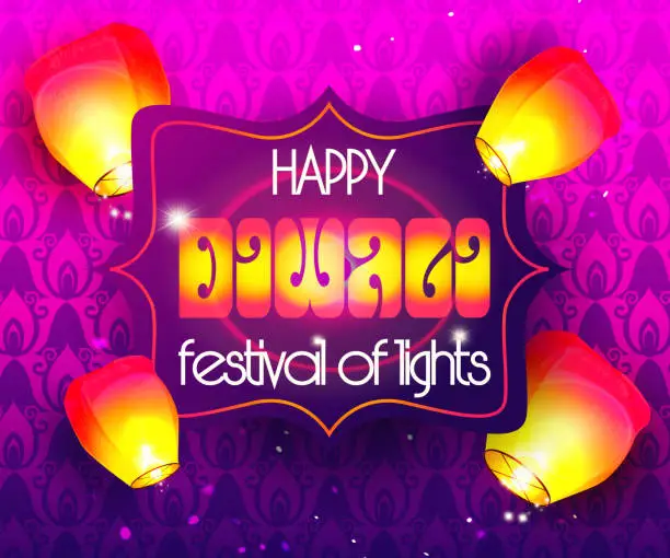 Vector illustration of Diwali holiday concept in realistic style. Fiery bright paper lanterns on an abstract festive color background with oriental ornament.
